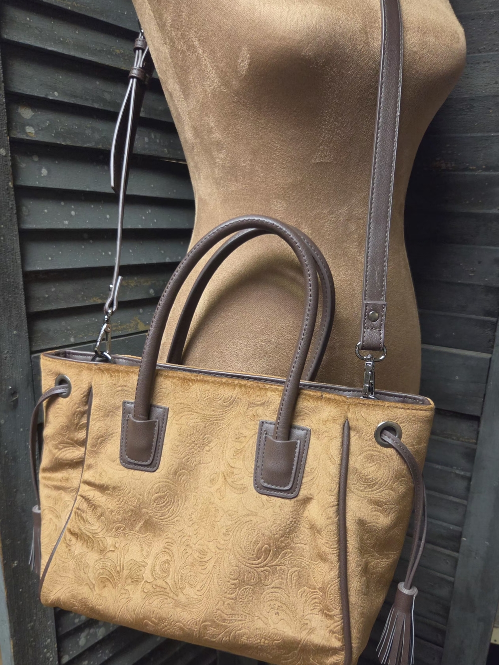 Women’s Tan Embossed Tote Bag with Brown Trim